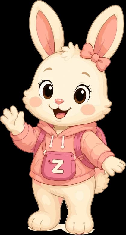 Hoppy, a cream rabbit with pink bows in a pink hoodie