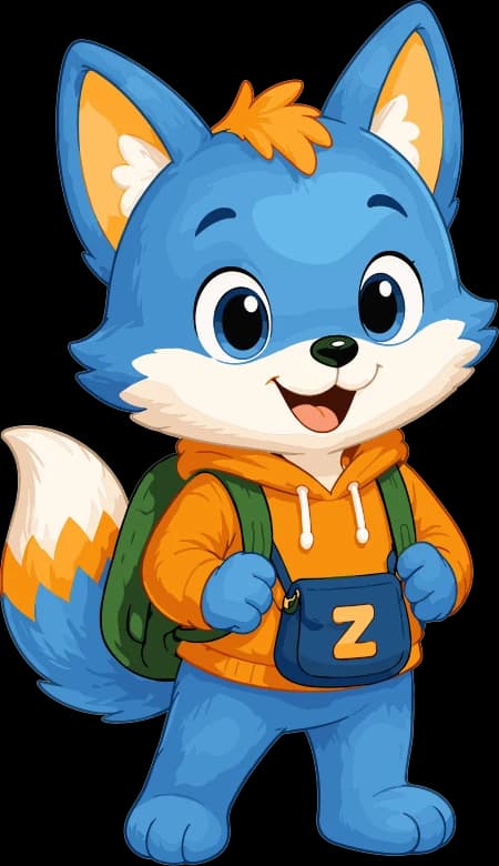 Zuki, a small blue fox in an orange hoodie